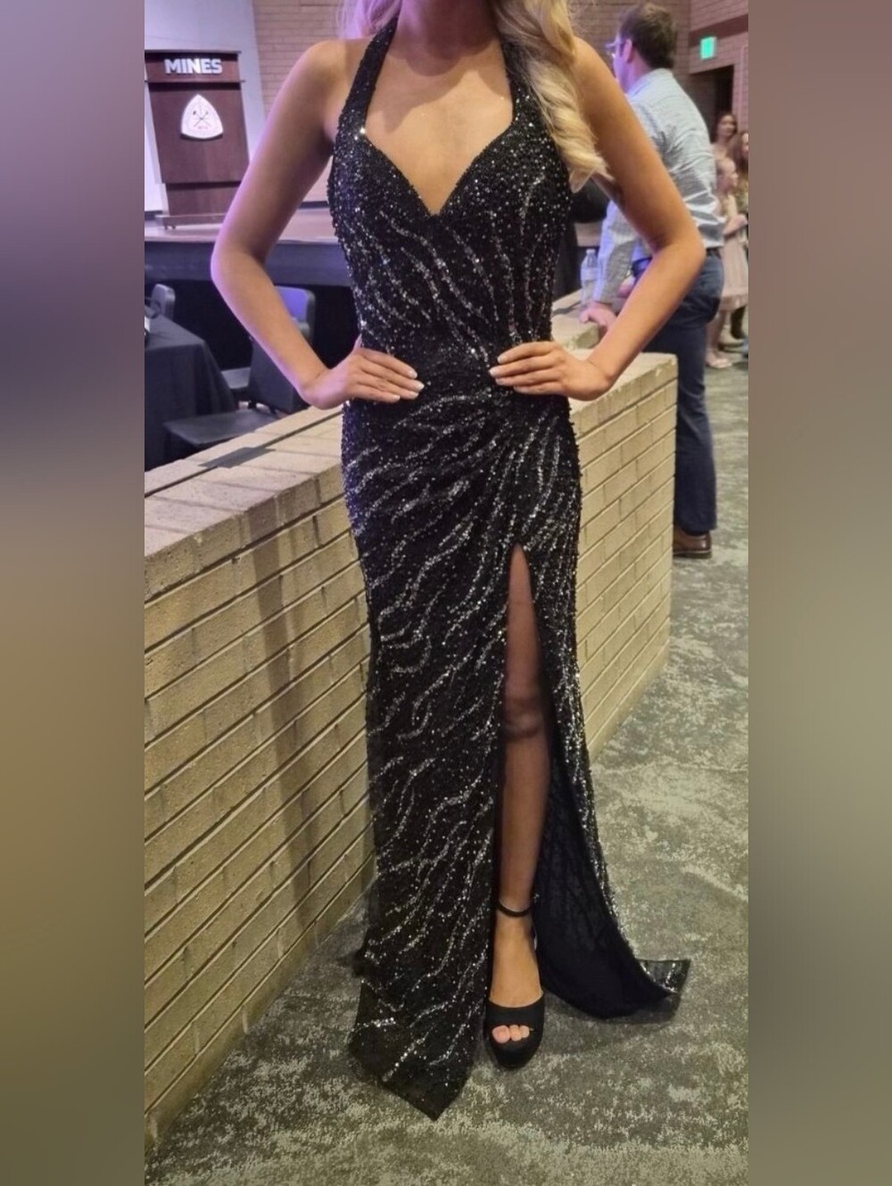 Black Sequin Gown with Thigh Slit